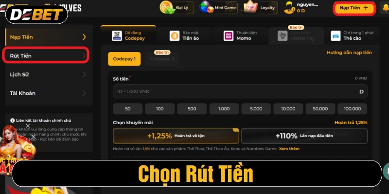 Chọn yêu cầu rút tiền về tài khoản 